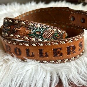 Vintage Tooled Leather Belt with Branch/Pinecone Detail, 32-36”.